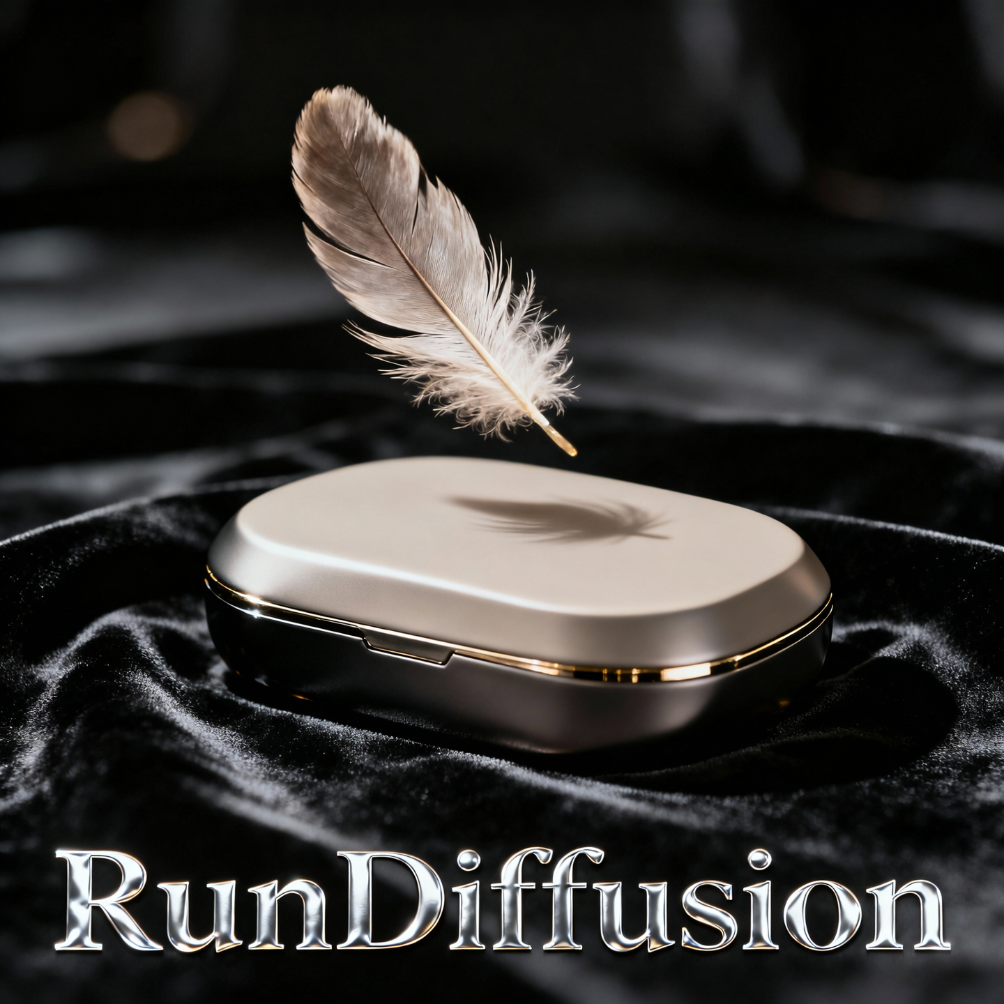 A single feather floats downward in slow motion, landing atop a sleek neutral object on black velvet. "RunDiffusion" appears as embossed foil below. Shot at 120fps with soft bounce lighting, channeling high-luxury fragrance aesthetics.