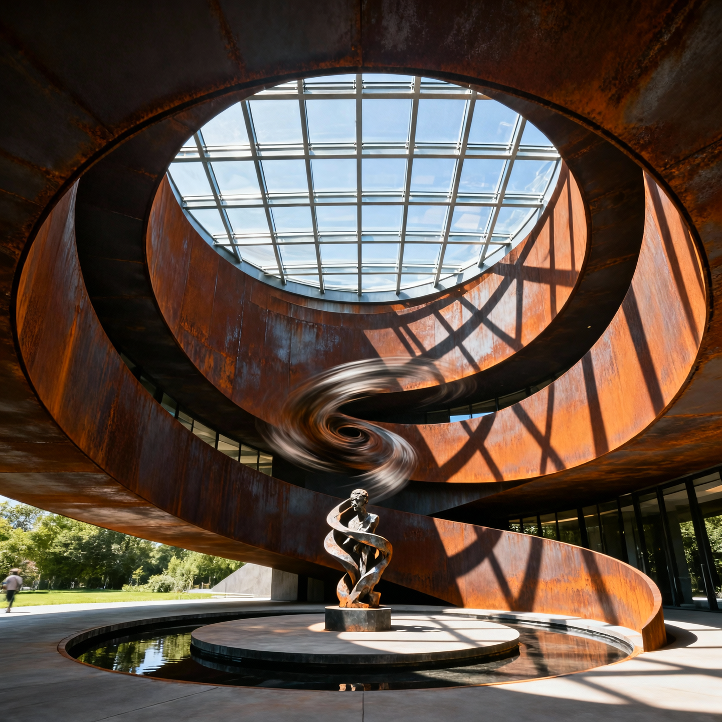 A vortex-like pavilion spiraling inward with curved corten steel walls and open-air skylight. Interior rotates around a central sculpture. The structure twists in on itself, blending shadows with motion. Captured midday with shadows bending around the spiral form.