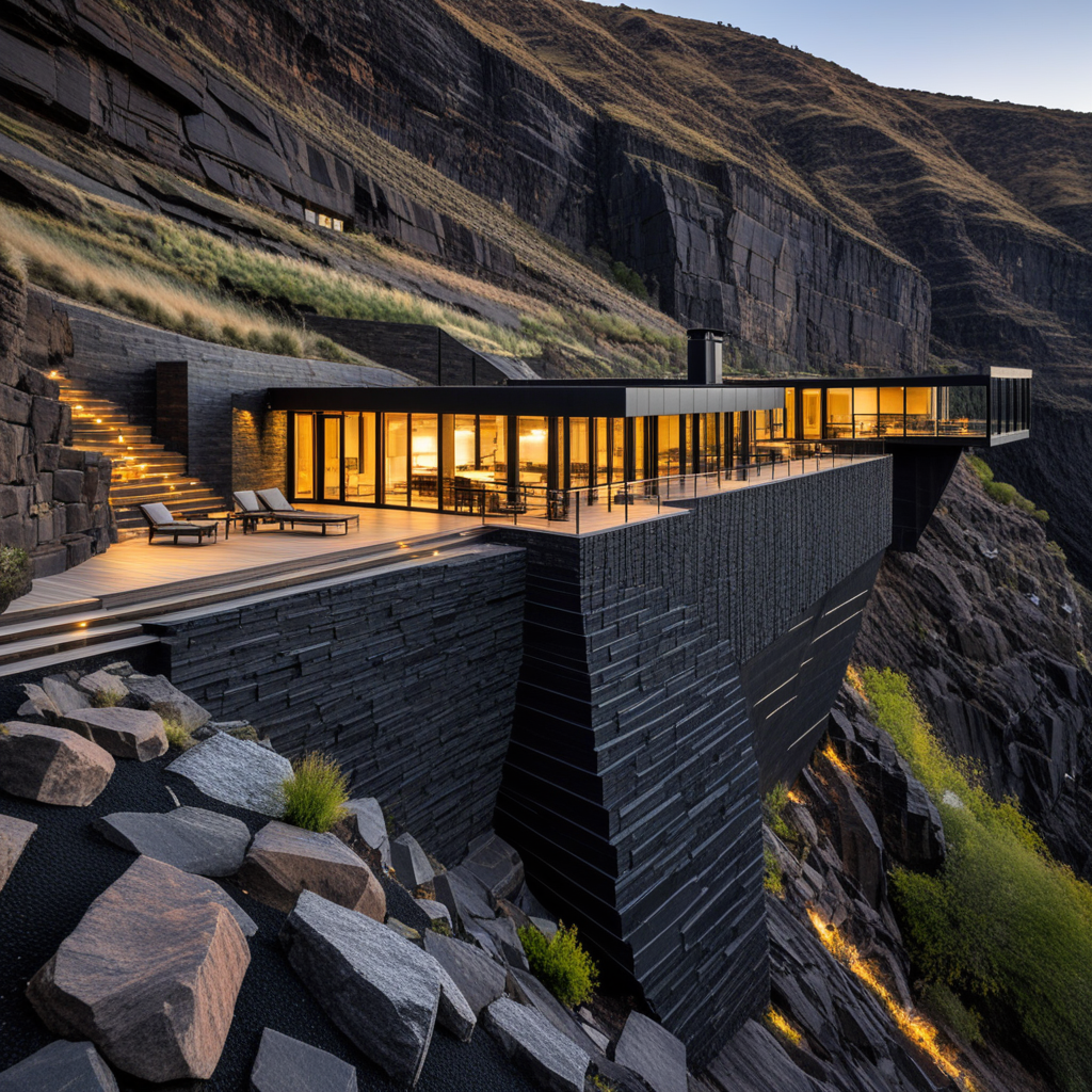 A cliffside cultural retreat using rammed basalt composite, storm-rated laminated fins, and elevated walkways hugging rock edges. Interiors include dark polished schist floors, recessed ember lights, and echo-minimizing wool baffles. Shot in golden-hour edge illumination, diagonal cliffside angle.