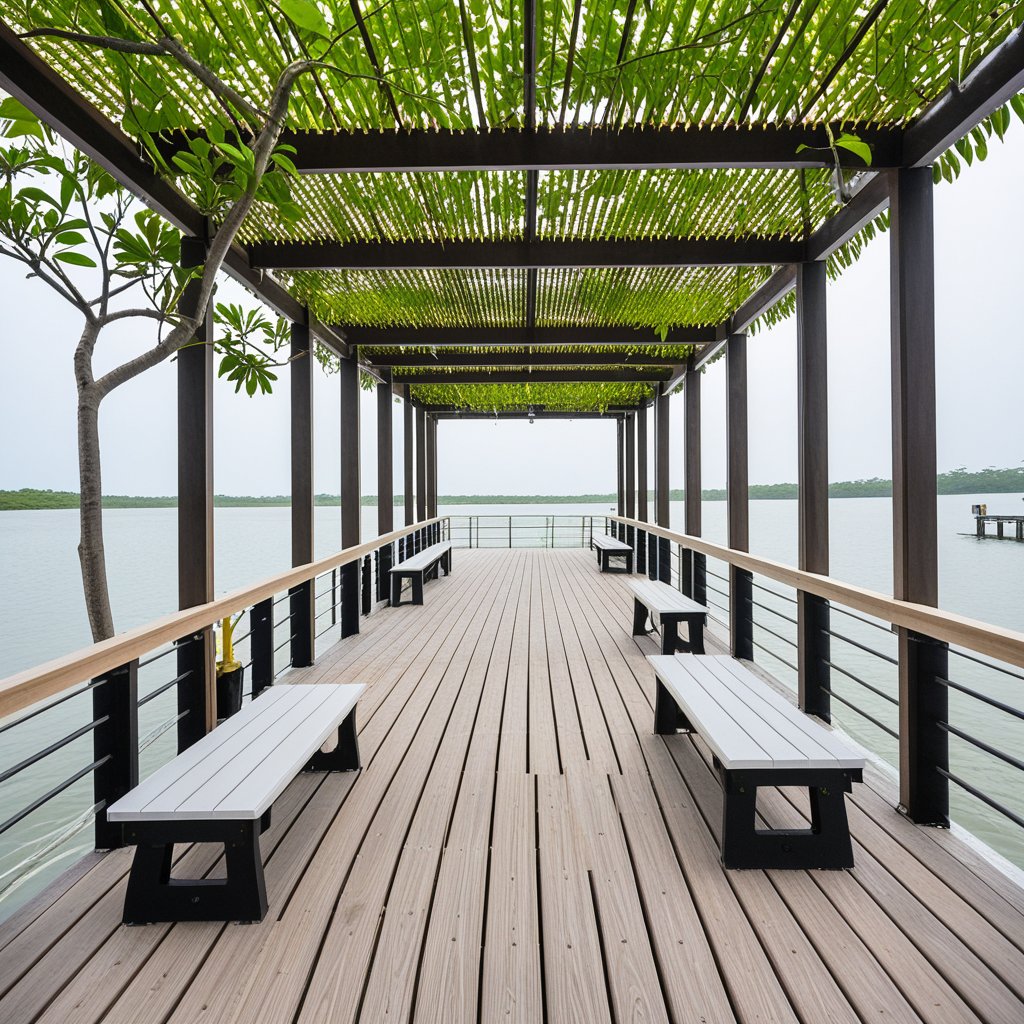 A mangrove research pier with bio-friendly screw anchors, ventilated wood-plastic composite decking, and salt-air tolerant façades. Interiors feature mosquito-screened lab bays, resin benches, and low-Kelvin night lighting. Captured in humid early-morning haze, low angle along boardwalk.