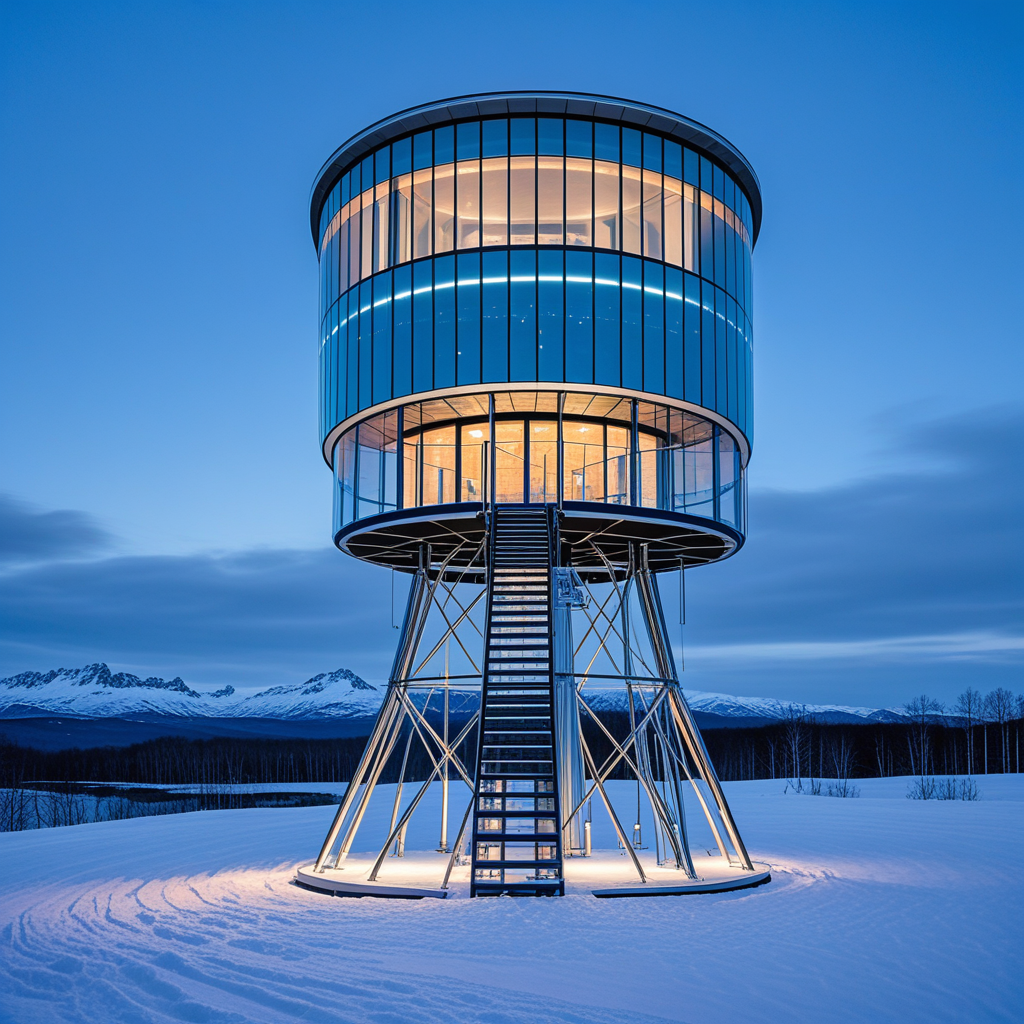 A glacial observatory mounted on helical titanium stilts, featuring radiant ice-melt panels and insulated laminated windows. Interiors use microfleece acoustic walling, subfloor heating coils, and low-lux spectrum task lights. Shot in polar blue dusk, wide panoramic angle.