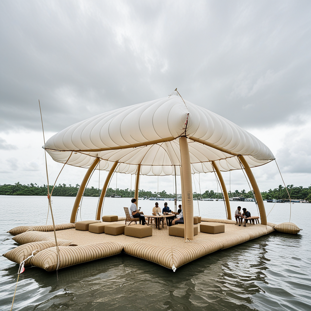A floating community pavilion using inflatable structural bladders, recycled aluminum ribs, and responsive fabric membranes that modulate opacity. Interiors feature woven jute flooring, modular stool clusters, and soft projection walls. Shot in tropical overcast, low waterline angle, emphasizing buoyant form.