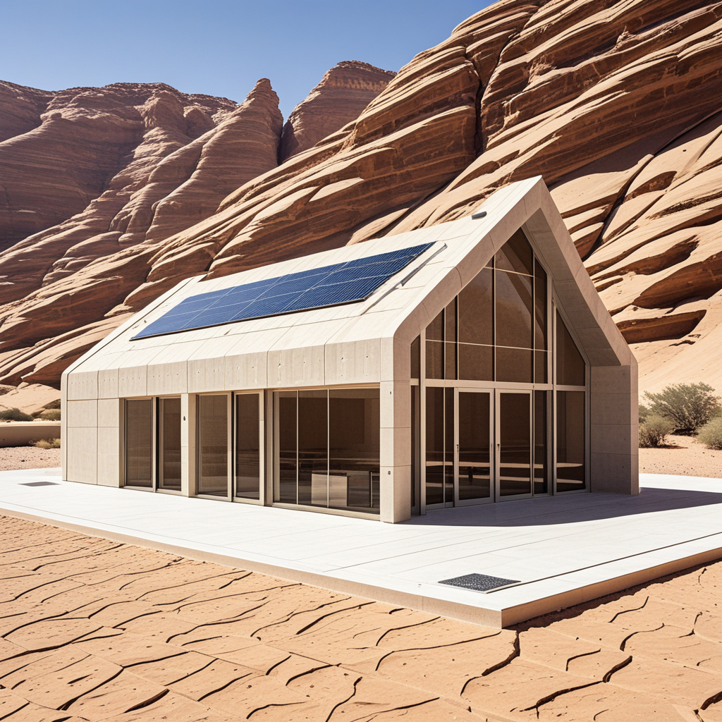 A desert mapping station with silica-ceramic shielding, wind-deflection buttresses, and kinetic dust shutters. Interiors have matte micro-sandstone tiles, UV-filtered skylights, and mineral-based cooling benches. Captured in harsh high-noon contrast, orthographic façade view.