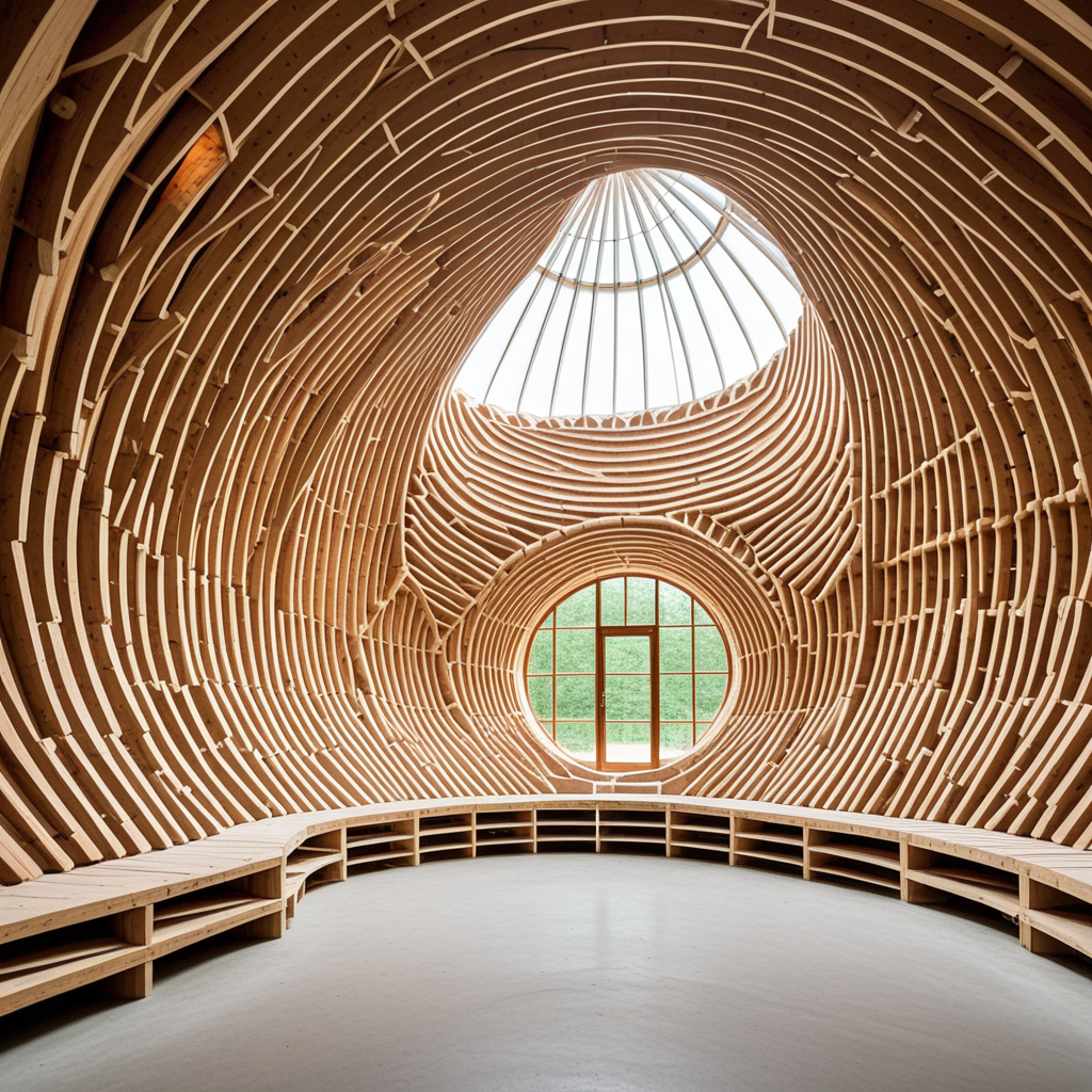 A forest-based ceramics academy constructed using spiral log shell structures, geothermal heat vaults, and clay-packed insulation. Interiors use timber dowel partitions, glazed kiln rooms, and warm flicker-mimic LED strips. Shot in filtering forest sun, ground-level wide shot.
