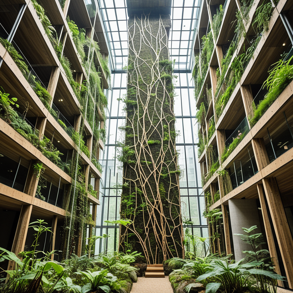 A vertical biotope tower employing capillary irrigation façades, plant-root facade meshes, and breathable mycelium composite walls. Interiors offer terrarium atriums, mist corridors, and root-exposure glazing. Captured in soft diffused daylight, ¾ upward viewpoint.