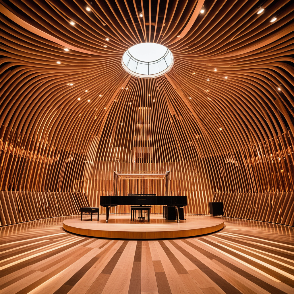 A wind-harmony music hall featuring tuned copper resonance tubes, offset acoustic terraces, and a slatted-wood hyperbolic canopy. Interiors boast cork floors, string-diffuser walls, and amber cove gradients. Photographed in warm interior theatrical light, central ceremonial perspective.