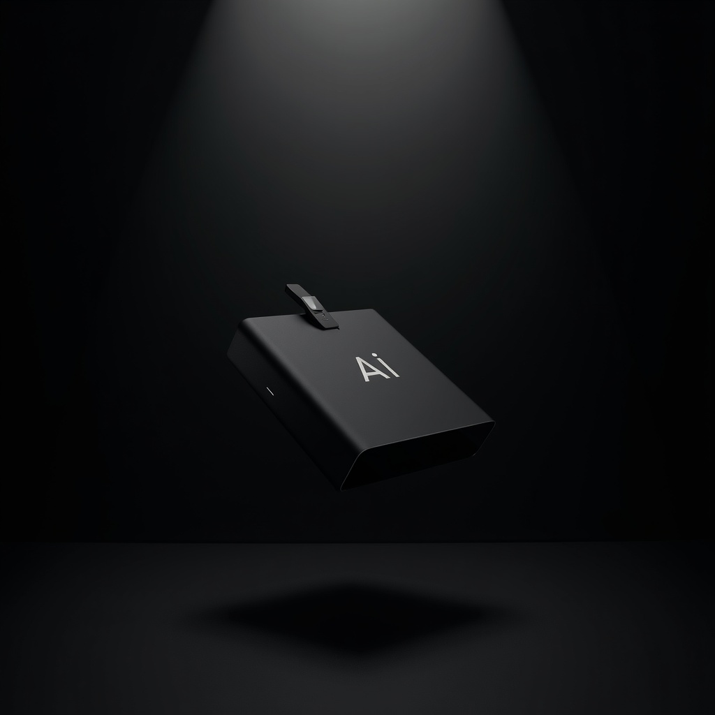 A sleek black object suspended mid-air, illuminated by a single top-down spotlight in a dark, smoky studio. The background fades to black, emphasizing the product’s contours and matte finish. The word “Ai” hovers beside it in floating 3D lettering. Shot from a low angle with dramatic lighting inspired by high-tech launch campaigns.