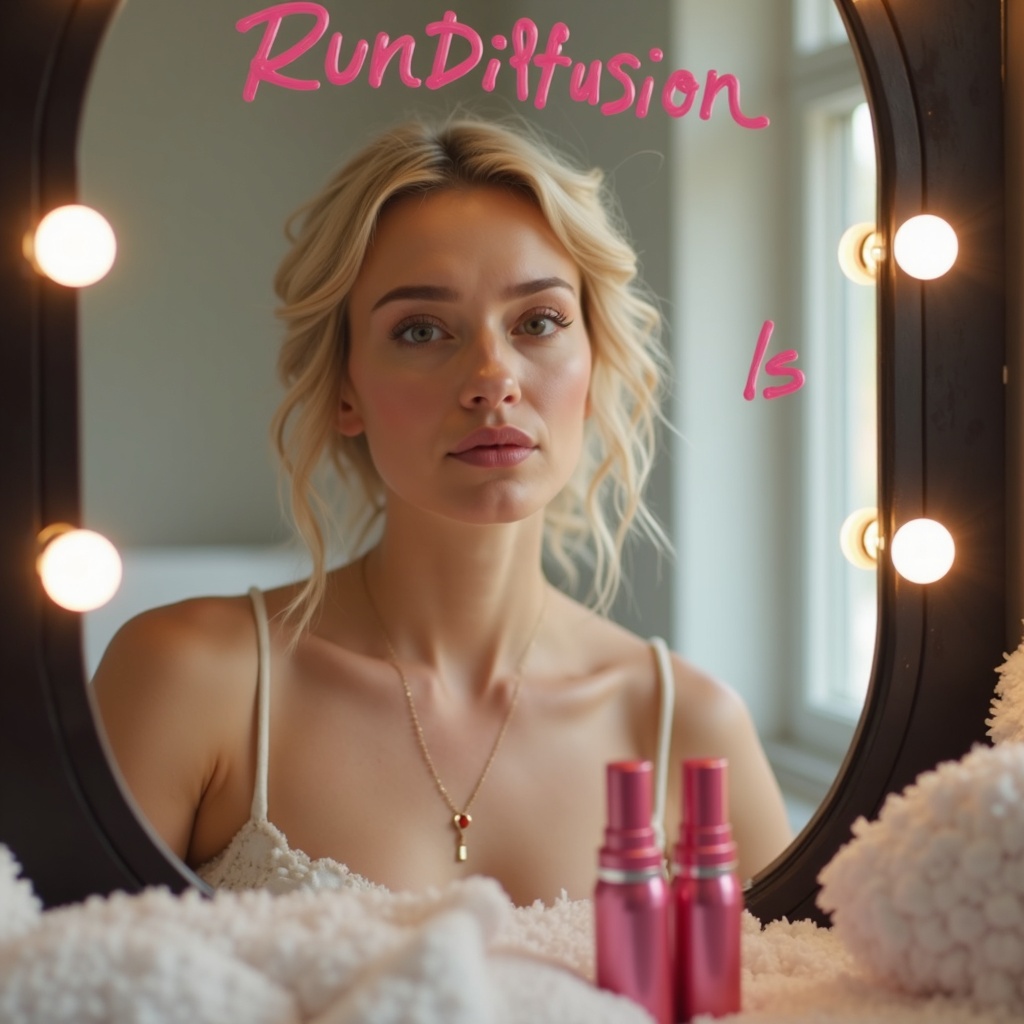 The word “RunDiffusion” written in lipstick across a mirror. The product sits on the vanity below, catching soft ring-light reflection. Shot wide open with shallow focus.