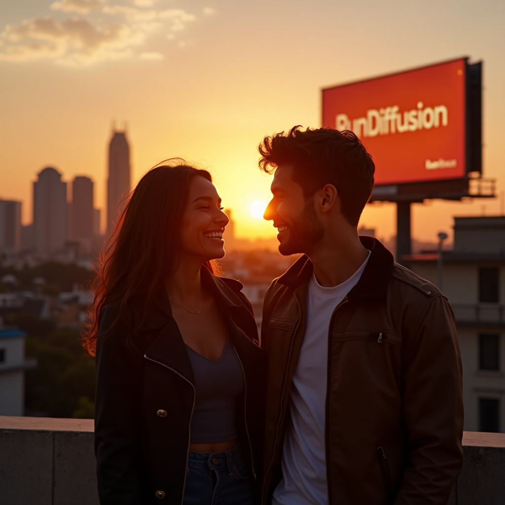 A young couple laughs on a city rooftop at golden hour, silhouetted against a skyline with a glowing “RunDiffusion” billboard in the background. Photographed with a wide lens at sunset with sun flares, echoing feel-good lifestyle branding campaigns.