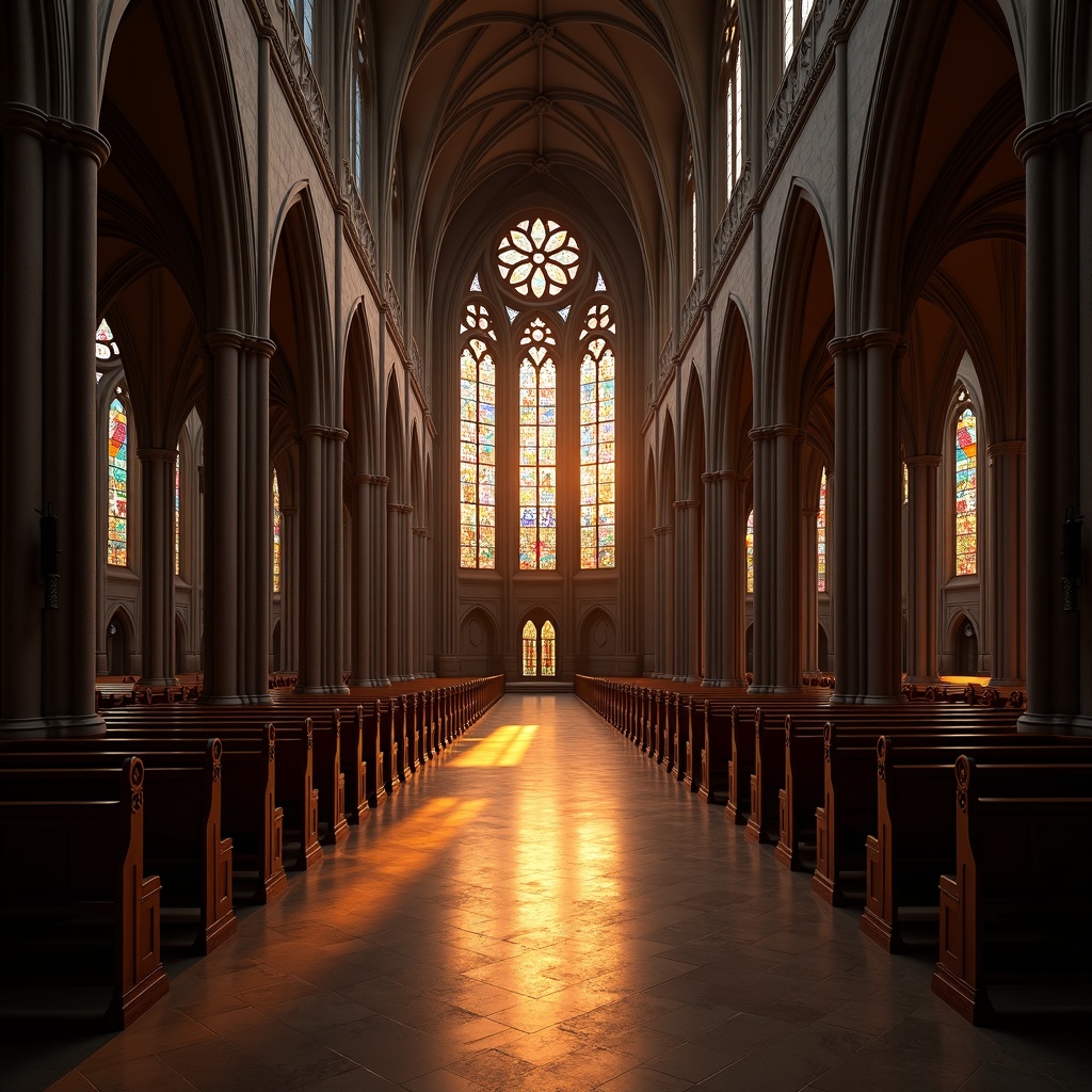An expansive cathedral interior with towering gothic arches, intricate stained-glass windows casting vibrant patterns across polished marble floors, and rows of wooden pews extending into the distance. In an ultra-realistic style with high contrast and natural lighting streaming from high arched windows. The atmosphere is solemn and grand with warm tones from the golden hour sun. The viewpoint is wide-angle, captured from the center aisle with deep depth of focus and detailed textures on every surface.