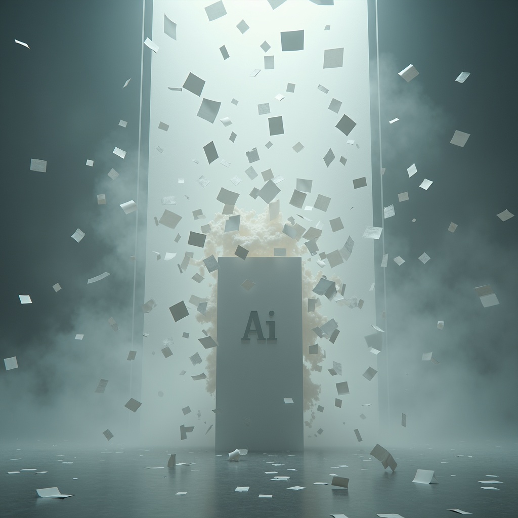 A cascade of paper sheets explodes into the air in a zero-gravity chamber, revealing a singular “Ai”-engraved monolith at the center. Shot in ultra slow-motion with backlight flooding the haze-filled set.