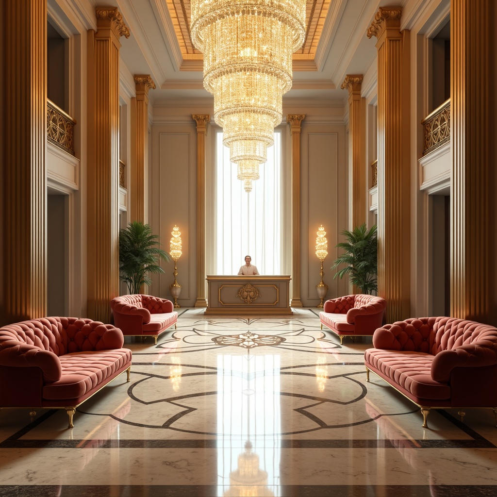 The grand lobby of a luxury hotel with a soaring ceiling, massive crystal chandelier, and intricate marble inlay flooring. Rich velvet sofas and golden columns decorate the interior. The scene is captured in an ultra-realistic photorealistic style with soft natural lighting and reflections on the glossy surfaces. The perspective is from the main entrance looking inward, with a deep depth of field showing the reception desk far in the background.