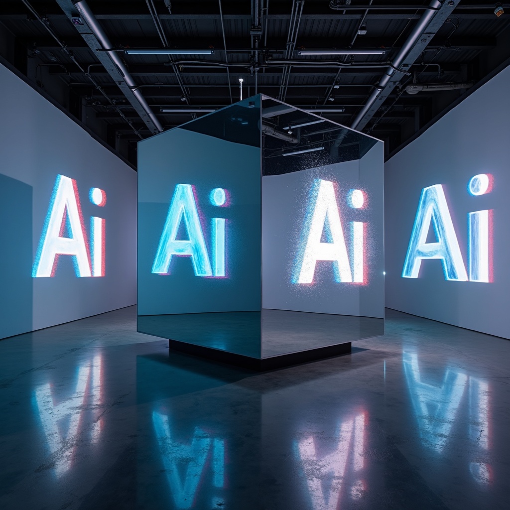 A mirrored cube rotates slowly in an empty industrial space. Its surface reflects glitching “Ai” typography as projections play across the walls. Captured with a 360° rotating dolly and colored gel lighting to replicate futuristic experiential brand events.