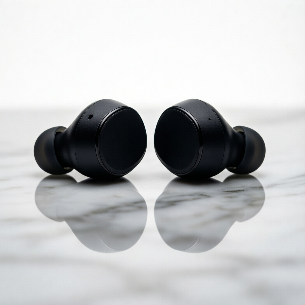 A pair of sleek black wireless earbuds displayed symmetrically on a glossy white marble surface with soft gray veining, creating subtle, elegant reflections beneath the product. The earbuds are centered in the frame with a shallow depth of focus, drawing attention to their smooth contours, matte texture, and precision detailing. The backdrop is clean and pure white, enhancing the minimalist aesthetic and placing full visual emphasis on the product. Soft ambient lighting casts delicate shadows and highlights, accentuating the earbuds' form without harsh contrast. Captured in ultra-realistic macro photography style at ISO 100, f/2.8, the image is crisp and premium, evoking a high-end commercial ad with pristine clarity and refined visual balance.