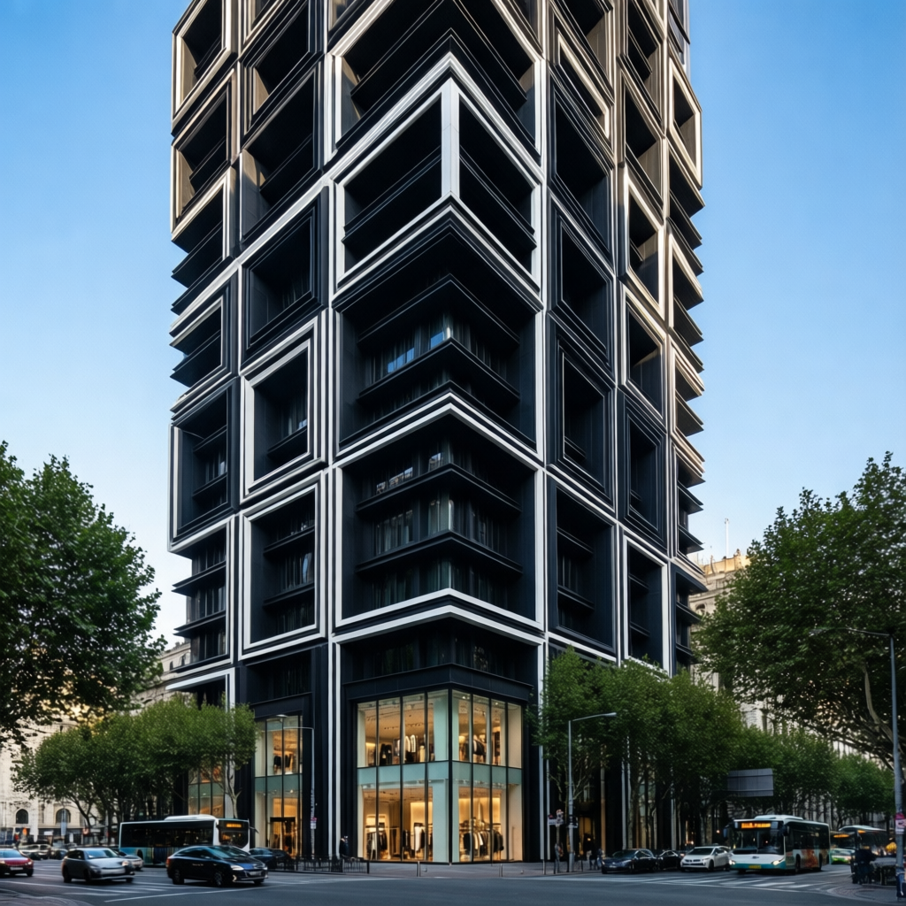 A tall and visually striking modern skyscraper defined by a bold geometric facade composed of repeating rectangular and square frames layered in intricate three-dimensional patterns. The exterior alternates between deep charcoal panels and crisp white structural lines, creating a dynamic visual rhythm that plays with shadow and depth. The building’s lower levels feature expansive glass storefronts, offering high visibility into brightly lit retail interiors, while the upper floors are marked by recessed balconies and deep-set windows, each elegantly framed by the bold facade grid. The composition balances visual complexity with structural clarity, making the tower stand out dramatically against a vibrant, clear blue sky. Mature green trees line the surrounding urban streets, where cars and buses move steadily along the roadway, adding life and context. The soft daylight highlights the contrasting materials and sharp edges, casting gentle shadows that emphasize the sculptural nature of the facade. Captured from a slightly low-angle perspective, the viewpoint enhances the sense of verticality and architectural dominance, portraying the skyscraper as a contemporary urban landmark.