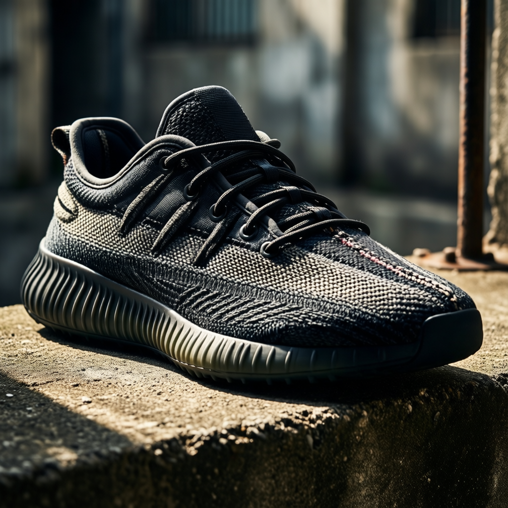 A close-up shot of a high-end sneaker positioned on a raw concrete ledge, captured in sharp detail under dramatic directional lighting that emphasizes the intricate textures of the woven fabric, tightly laced eyelets, and the patterned rubber sole. The lighting creates bold highlights and shadows, revealing every tactile detail—from the stitch lines to the grain of the materials. The background is softly blurred using a shallow depth of field, revealing hints of a gritty urban setting with weathered walls and steel railings, adding context and edge without distracting from the product. Captured in extra-realistic advertising style with a Canon 5D Mark III, the image balances precision and mood, delivering a powerful visual statement that combines streetwear attitude with luxury craftsmanship.