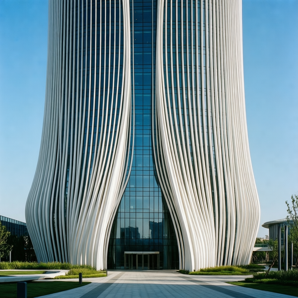 A futuristic multi-story building with a sculptural facade composed of sleek vertical white fins that curve organically around the structure, blending modernism with fluid, biomorphic design. The parallel fins bend gracefully inward at the entrance, creating a dramatic gateway before continuing seamlessly up the full height of the tower. Between the fins, expansive central glass panels reflect the crisp blue sky while allowing natural light to flood the interior spaces. The white structural elements contrast sharply with the dark tinted glass, creating a bold interplay of light and shadow. At ground level, the building is framed by landscaped greenery, paved walkways, and elements of modern urban infrastructure, adding to its integrated city presence. The lighting is clean and natural, enhancing the texture and precision of the materials. Captured from a symmetrical, front-facing viewpoint, the perspective emphasizes the building’s strong vertical lines, sculptural geometry, and futuristic elegance set against a clear, open sky.
