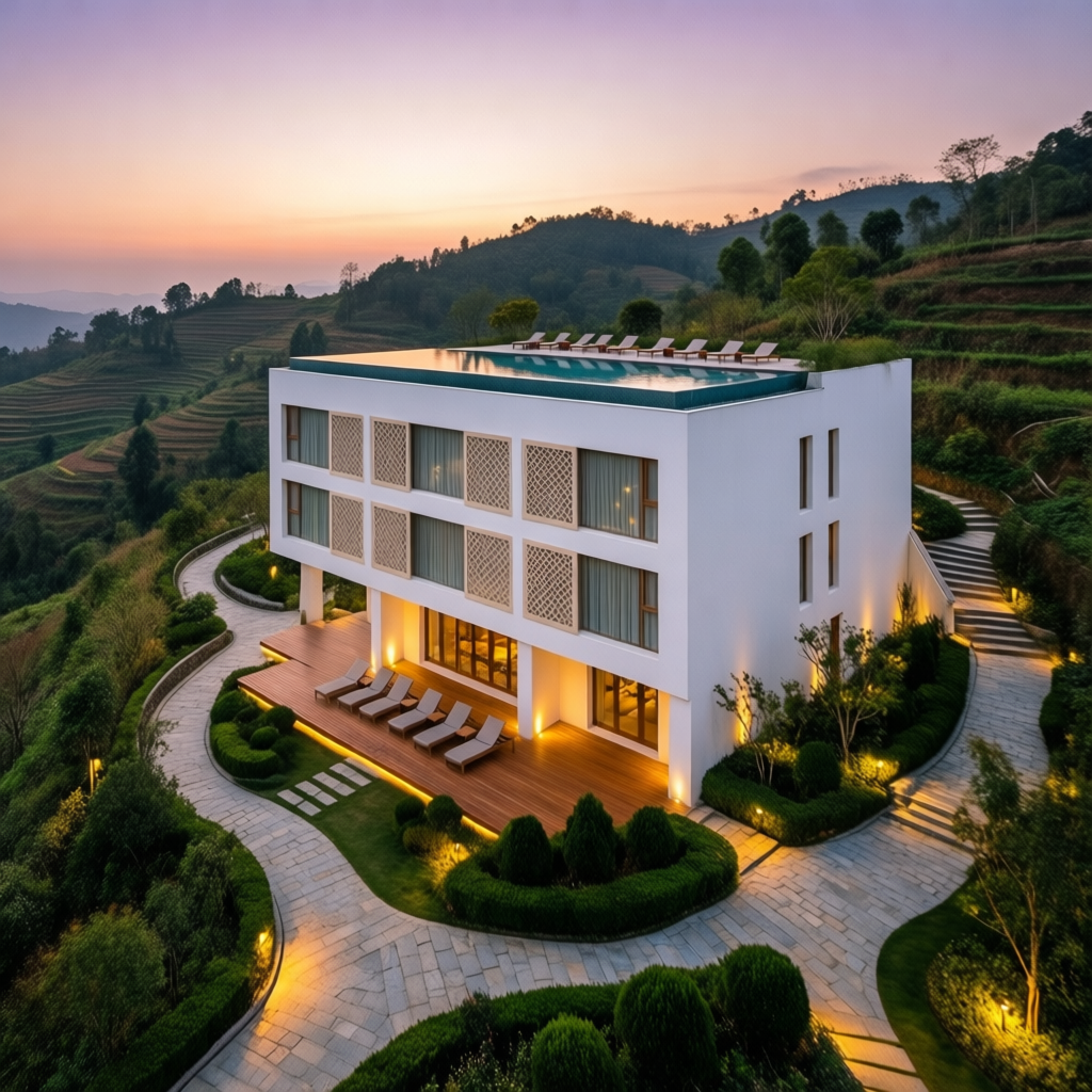 A modern boutique hotel nestled into a lush, gently rolling hillside landscape, its crisp white cubic form standing in elegant contrast to the natural surroundings. The three-story structure features clean architectural lines with decorative latticework panels in soft beige accenting the facade, adding a layer of texture and cultural charm. A dramatic rooftop infinity pool cantilevers boldly over the main entrance, bordered by a warm wooden deck with stylish lounge chairs neatly arranged to capture sweeping views of the hillside. At twilight, warm ambient lighting glows from recessed fixtures and garden path lights, illuminating the facade and the carefully landscaped gardens below with a golden softness. Curved stone-paved roads wind gently through trimmed hedges and sculpted greenery, while the surrounding terrain reveals distant terraced hills dotted with scattered trees and soft elevation changes. Overhead, the sky is painted in delicate gradients of lavender, peach, and dusty rose as day transitions into evening. Captured from an elevated wide-angle perspective, the view emphasizes the hotel’s symmetrical geometry and seamless integration into its serene, nature-wrapped environment, rendered in photorealistic style with vivid light, texture, and atmosphere.