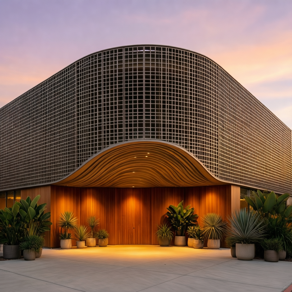 A modern commercial building with a visually distinctive facade, featuring a grid of small square openings across the upper portion that create a rhythmic, perforated texture and allow for subtle shadow play. The centerpiece of the design is a sculptural, wave-like arch that defines the entrance, its fluid curvature adding elegance and contrast to the rectilinear grid above. The lower section of the facade is clad in rich, warm-toned wood panels, softly illuminated by ambient amber lighting that casts a welcoming golden glow across the smooth concrete forecourt. Around the gently curving entryway, a symmetrical arrangement of potted plants in varying sizes and textures—ranging from broad-leaf tropical greens to slender architectural succulents—adds a fresh, organic layer to the clean-lined modernity of the structure. The sky above glows with a soft pastel gradient of lavender, peach, and blush, indicating twilight and enhancing the warmth of the scene. The overall composition is perfectly centered, showcasing the building’s symmetry, elegant material palette, and graceful architectural curvature, set against a clean, refined urban backdrop in a photorealistic style.