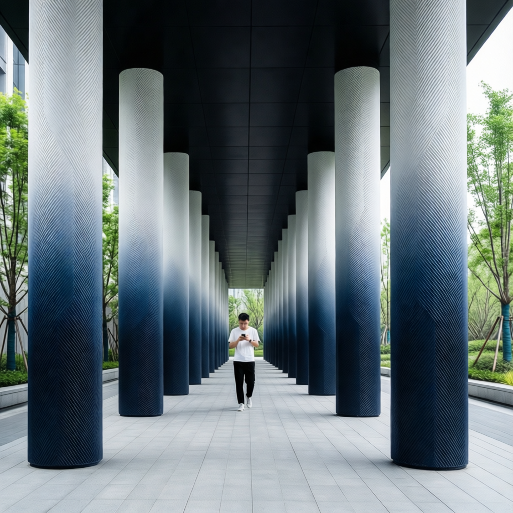 A series of tall architectural columns lining a sleek modern covered walkway, each wrapped in a textured geometric pattern that transitions in a smooth gradient from crisp white at the top to deep navy blue at the base. The repeating columns form a symmetrical corridor beneath a matte black ceiling, contrasted by clean, light-gray tiled flooring that reflects soft natural daylight. A casually dressed man in a white t-shirt and black pants walks past, engrossed in his phone, adding a subtle human element and scale to the scene. Through the open sides of the walkway, young green trees and soft landscaping peek in, bringing a refreshing touch of nature into the urban setting. Rendered in a photorealistic style with high-resolution focus on material textures and architectural lines, the scene is captured from an eye-level perspective with a strong vanishing point, emphasizing depth, structure, and the immersive rhythm of contemporary design.