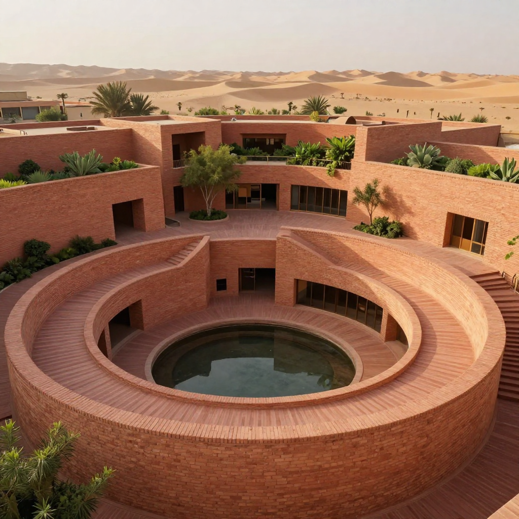 A stunning architectural complex designed with warm terracotta-toned bricks arranged in circular and curvilinear forms, blending harmoniously with the arid desert landscape in the background. The structure features a spiral ramp that wraps around a central courtyard, leading to a sunken open-air space with reflective water and shaded walkways. Greenery is integrated into the upper levels with planters and trees emerging from the structure, creating a natural cooling effect. The design combines vernacular materials with contemporary form, showcasing sustainable, climate-responsive architecture. The lighting is soft and golden, enhancing the texture of the brickwork and casting dynamic shadows across the layered surfaces. Captured in a high-resolution architectural photography style.