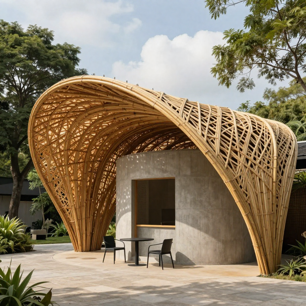 An outdoor pavilion with a flowing, sculptural bamboo canopy arching over a modern cylindrical kiosk made from 3D-printed concrete. The bamboo roof features intricate latticework patterns, creating a dynamic texture and natural elegance. The structure blends seamlessly with the surrounding greenery, framed by tall trees and under a partly cloudy sky. A small black table with two minimalist chairs sits in front of the kiosk, casting soft shadows on the stone-paved ground. The lighting is natural and warm, enhancing the earthy tones of the materials. The design combines sustainable architecture with modern craftsmanship, evoking harmony between nature and innovation.