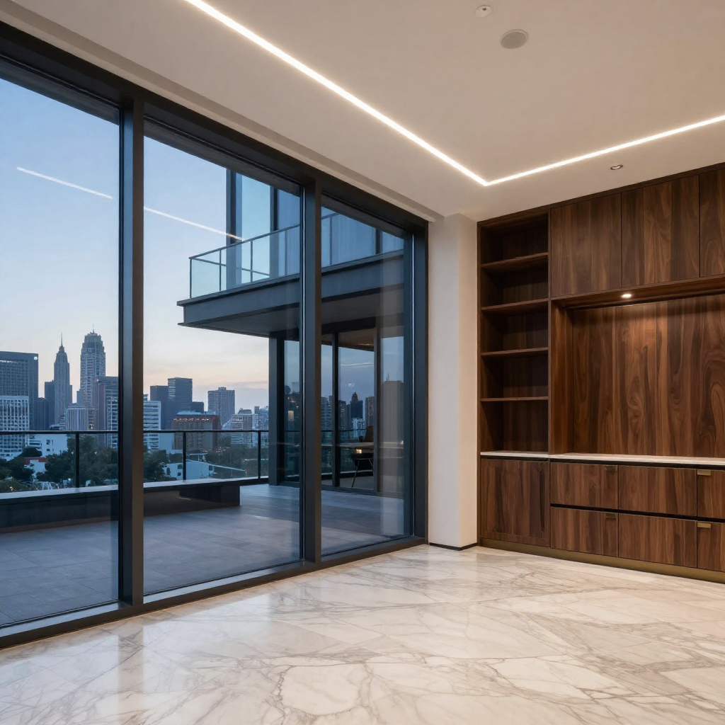 Penthouse unit with panoramic glazing, exposed steel column grid, and sliding glass walls opening to a cantilevered terrace. Interior features book-matched marble floors, custom millwork cabinetry in dark walnut, and bronze inlay hardware. Ceiling includes recessed linear lighting and integrated HVAC diffusers. Captured at twilight with skyline views.