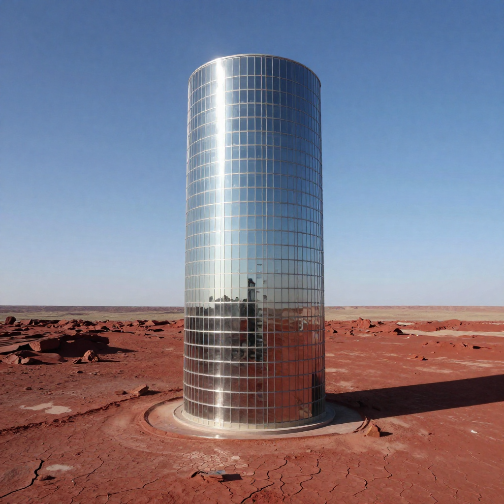 A metallic cylinder shaped skyscraper with mirror windows, background blue sky, on a red rocky barren plateau