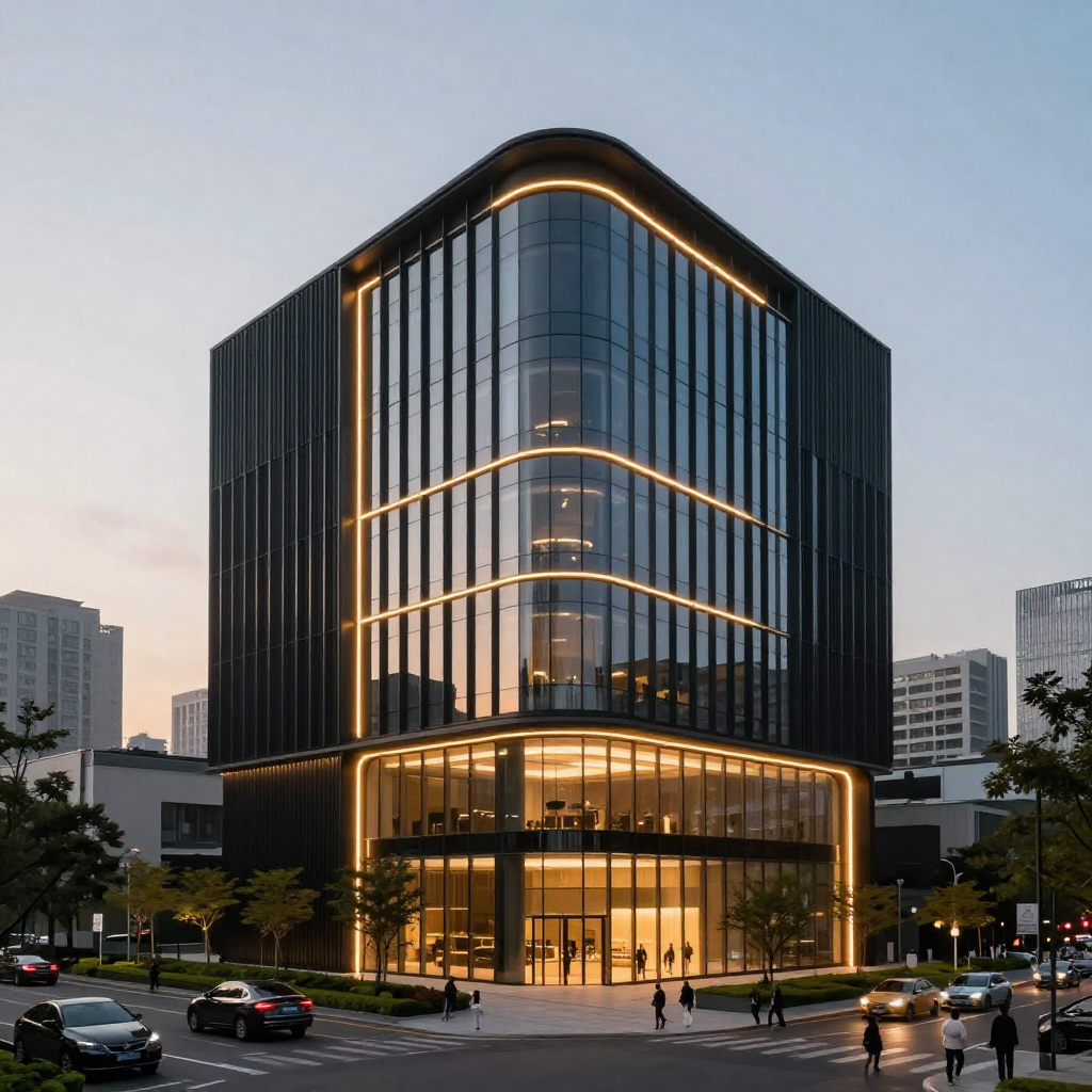 A futuristic mid-rise commercial building with a sleek black exterior and rounded glass corners, illuminated by dynamic amber LED strip lighting integrated into the façade. The structure features modern curtain wall glazing, reflecting the surrounding urban landscape and soft dusk sky. Warm interior lighting glows from within, creating an inviting atmosphere. The building sits on a landscaped city corner with well-maintained greenery and street trees. Cars and pedestrians move quietly in the foreground, adding subtle life to the scene. The design blends minimalism and high-tech elegance, captured in a photorealistic style during the early evening golden hour, emphasizing the contrast between glowing lines and smooth dark materials.
