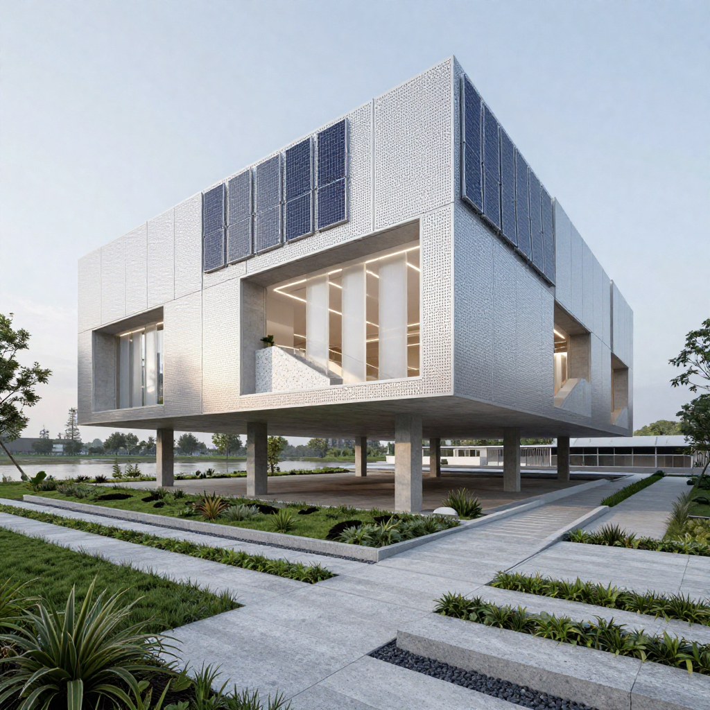 Elevated civic building on concrete piers above floodplain, with permeable landscape base and pedestrian ramps. Envelope combines perforated aluminum panels and solar shading systems. Interior public space includes terrazzo stairs, translucent resin partitions, and daylight-responsive LED lighting. Rain garden integrated into plaza with bioswale connections.