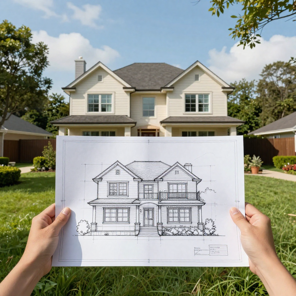 A conceptual architectural visualization where a person holds up a detailed blueprint sketch in front of a real suburban house. The blueprint depicts a proposed second-floor addition, perfectly aligned with the existing structure behind it. The scene is set in a lush green lawn surrounded by manicured hedges and tall trees, under a bright blue sky with soft wisps of clouds. The image blends hand-drawn architectural drafting with real-world photography, symbolizing transformation, design vision, and future construction. Captured in a sharp, high-resolution editorial style with balanced natural lighting, the contrast between paper and reality highlights creativity and planning in residential architecture.