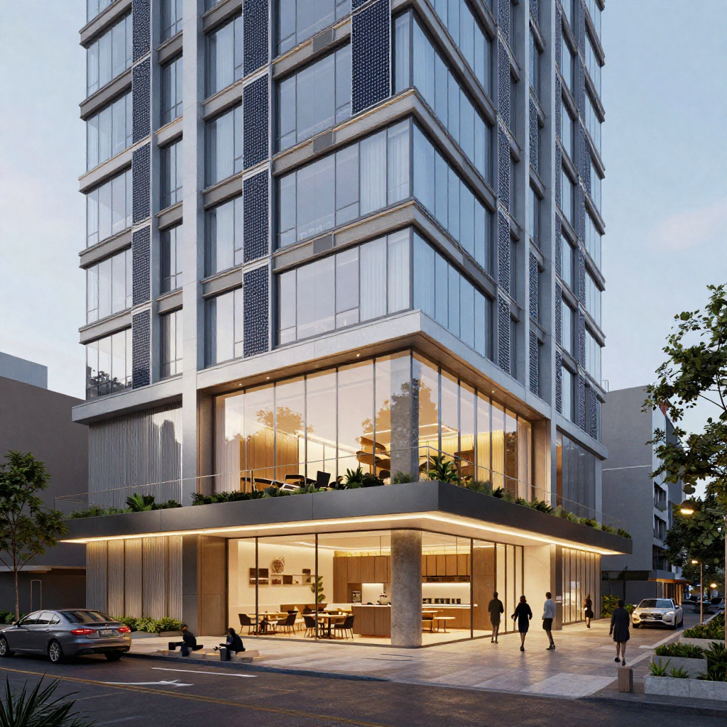 Transit-adjacent residential tower with double-glazed curtain wall system and vertical solar shading fins. Amenity level includes co-working lounge, rooftop terrace, and fitness center with full-height glazing. Units have integrated millwork kitchens, concealed HVAC, and polished concrete floors. Street frontage activated with retail and recessed lighting under canopy soffits.
