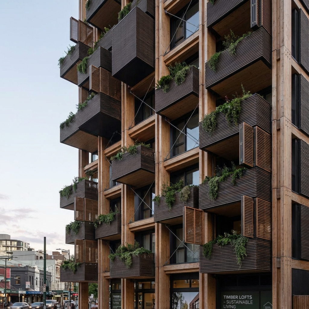 High-rise residential tower using a mass-timber hybrid structure with glulam mega-columns, CLT floor plates, staggered projecting balcony modules arranged in a pixelated elevation, ventilated timber slat rainscreen, steel tension rods for lateral support, operable ventilation shutters, planted balcony troughs for urban greening, soft northern daylight, high-resolution façade study.