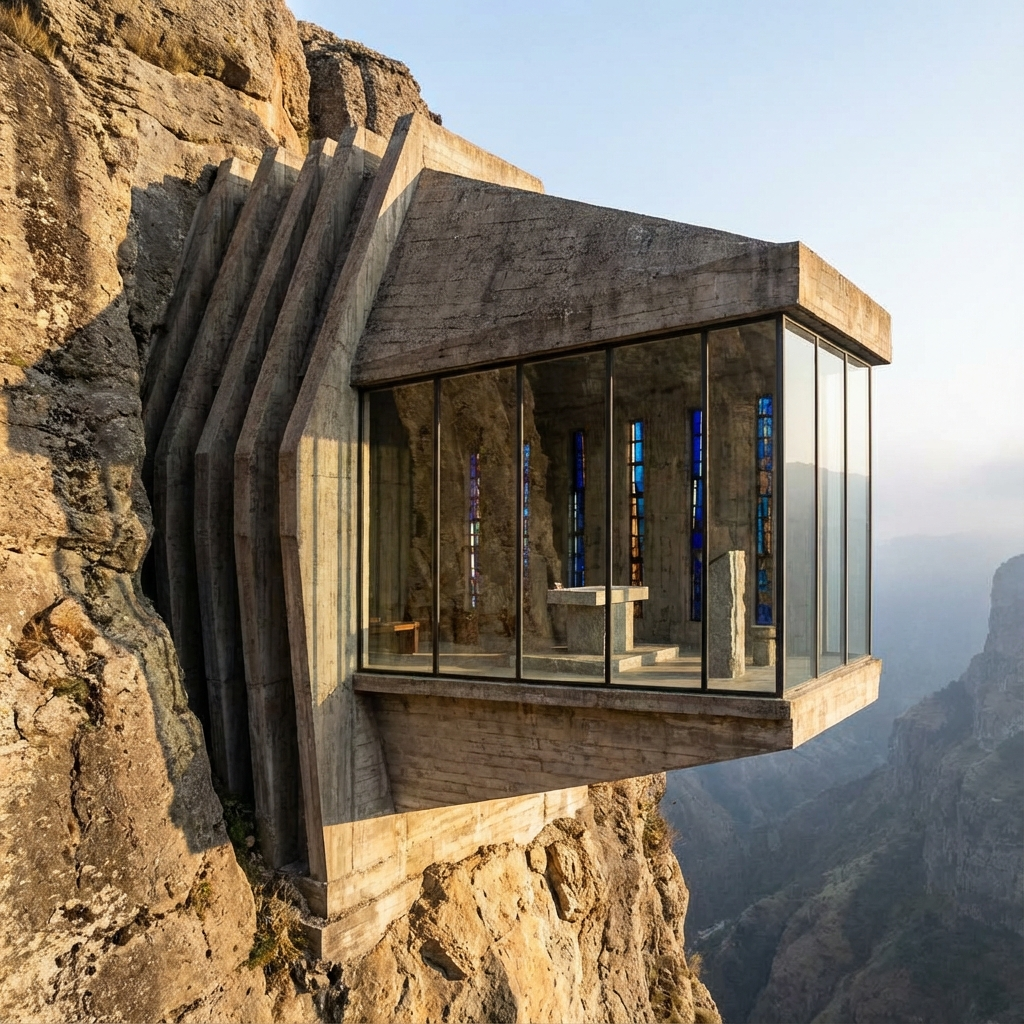 Sacred chapel carved into a cliff face, cantilevered nave projecting over a valley, exposed reinforced concrete ribs, stained-glass slit windows, minimal interior materials, wind-exposed exterior surfaces, dramatic side lighting that emphasizes monolithic geometry.