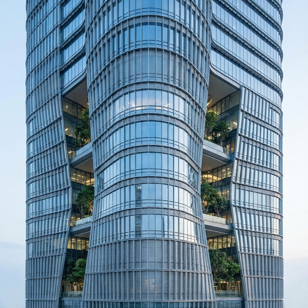 High-rise office tower using parametric brise-soleil fins, CNC-cut aluminum profiles, continuous ribbon glazing with low-E treatment, floorplate geometry optimized for daylight autonomy, double-height sky garden every 10 floors, cool calibrated daylight.