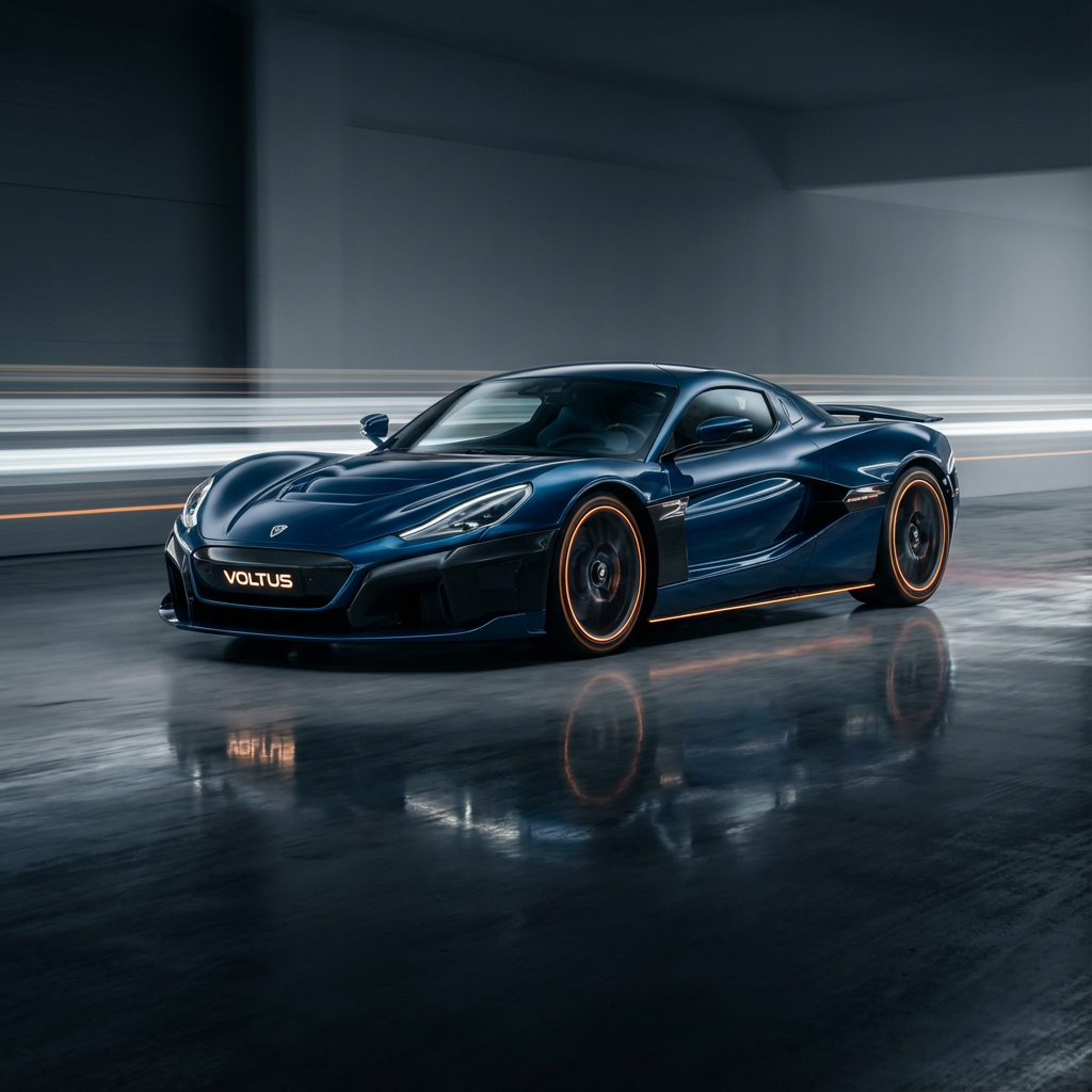 Cinematic three-quarter hero angle of a high-performance electric vehicle, captured with long-lens compression and controlled motion streaks. Studio environment uses rim lighting to emphasize aerodynamic surfacing, with specular control on metallic paint. Ground reflections calibrated for realism without overpowering vehicle geometry. Brand-forward composition with dynamic diagonal axis, premium performance campaign tone, and crisp DOF discipline.
