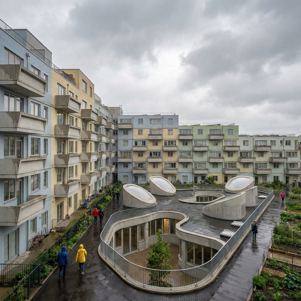Urban social housing complex with repetitive modular units, rhythmic balconies expressed as stacked concrete trays, cross-ventilated double-aspect units, brick rainscreen with varied bond patterns, sculpted courtyard void, daylight scoops, soft-pastel painted façades, cloudy ambient lighting.