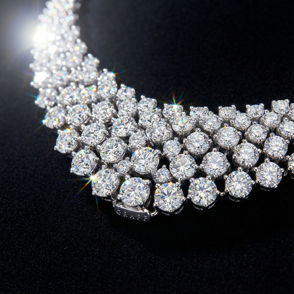 Ultra-macro render of a pavé-set, prong-mounted diamond necklace, capturing accurate dispersion, fire, and scintillation patterns under micro-flash illumination. Jewelry displayed on matte black velvet with controlled fiber direction to minimize unwanted specular noise. Focus stacking to achieve full gemstone facet sharpness, 1:1 reproduction ratio, calibrated color temperature for true-to-life refractive index. Campaign-grade luxury tone with high-contrast sparkle emphasis.