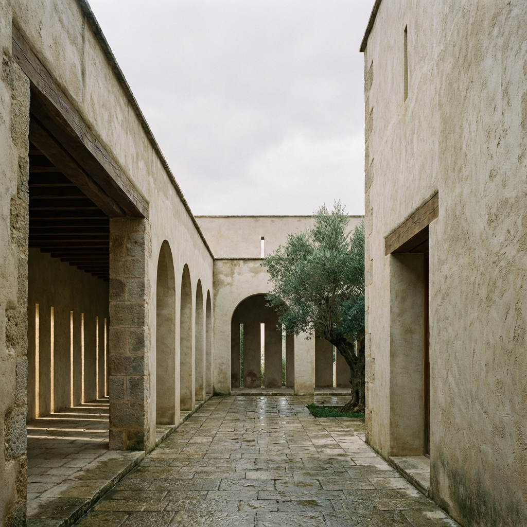 Quiet retreat complex using thick masonry walls, lime plaster finish, arcaded cloisters around a central courtyard, narrow vertical apertures creating chiaroscuro light, timber-beamed ceilings, stone pavers, subdued palette, serene overcast lighting.
