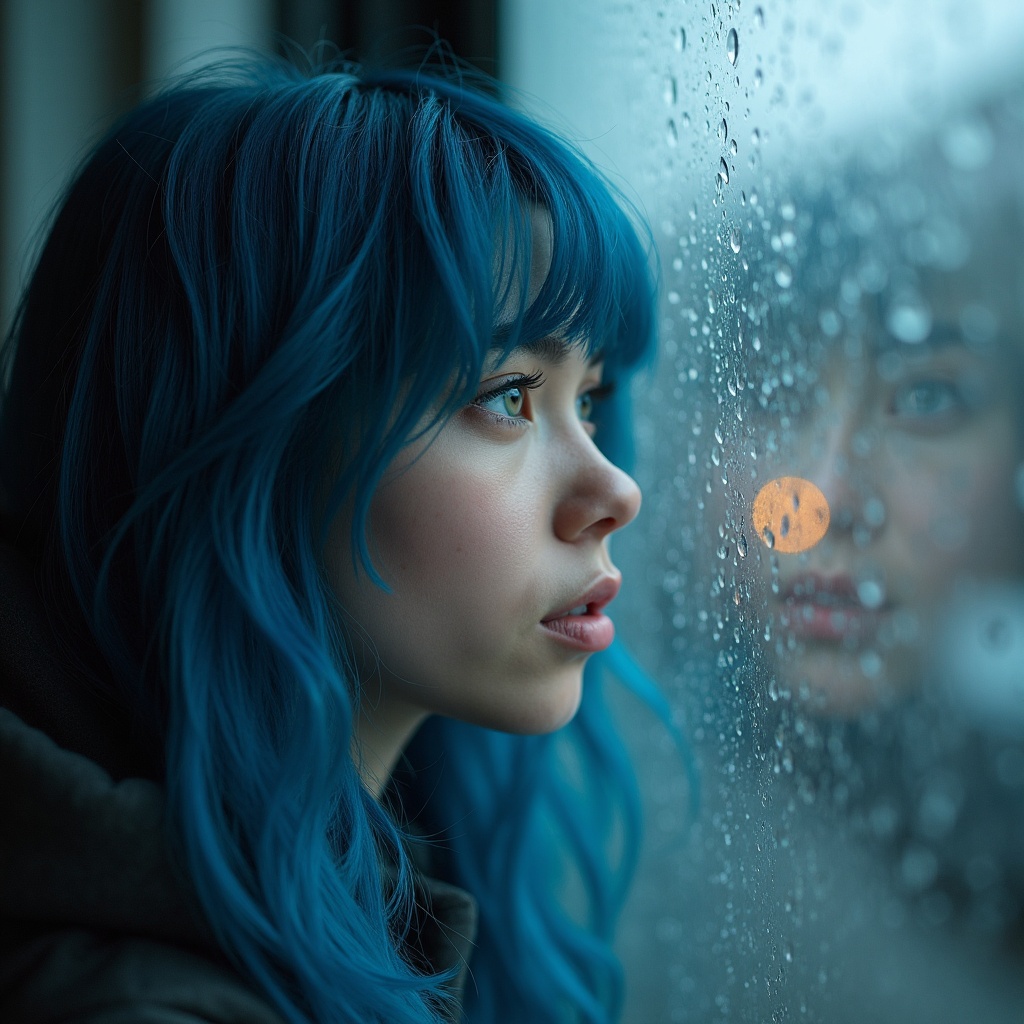A young woman with vivid blue hair gazing out a rain-streaked window, her reflection slightly visible on the glass. Portrait style with soft lighting, emotional expression, and a moody atmosphere. Taken at an intimate medium close-up with a shallow depth of focus.