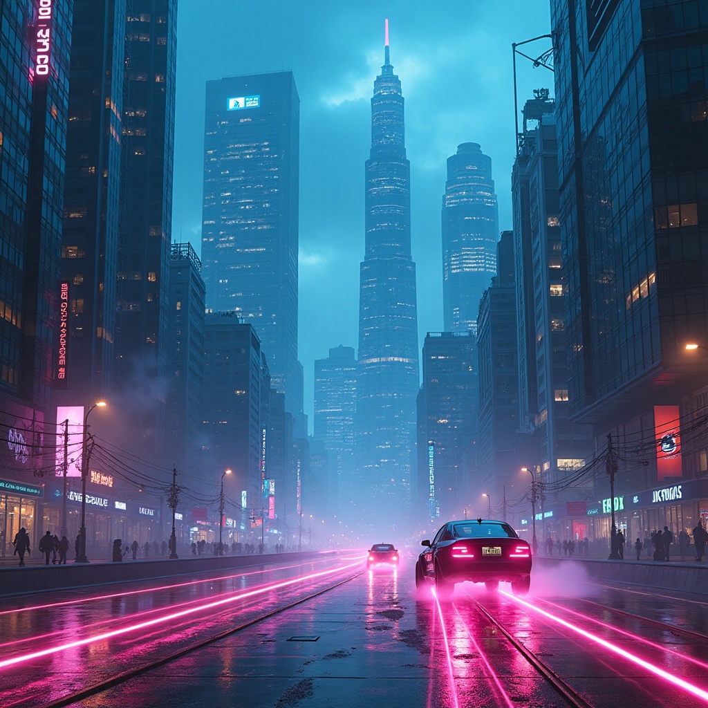 A futuristic city skyline with towering glass skyscrapers under a neon-lit sky. Flying cars zip through the air leaving trails of light in their wake. Cyberpunk style with glowing blue and magenta hues dominating the scene. The lighting is moody and dramatic with reflections bouncing off wet streets.