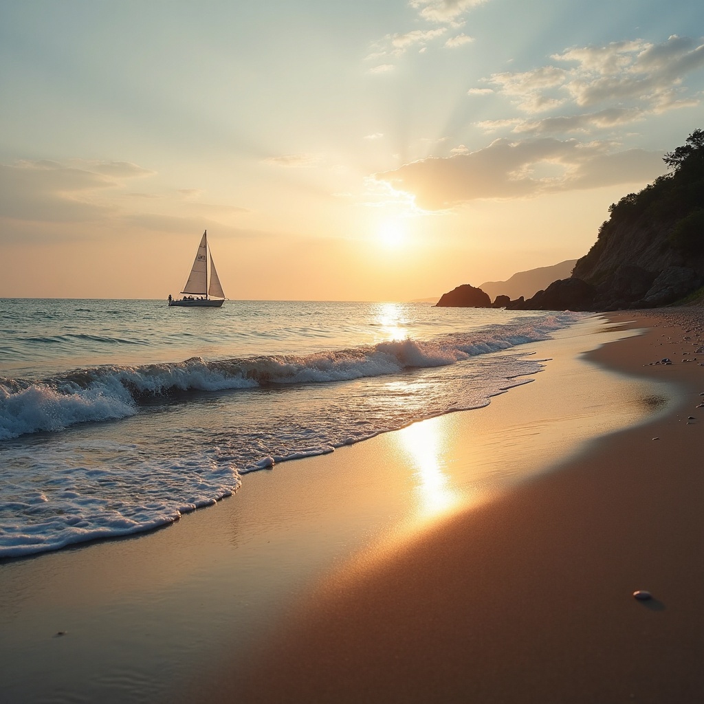 A serene beach at sunset with gentle waves washing onto the shore, a lone sailboat in the distance. Nature landscape style with golden hour lighting and soft pastel skies reflecting on the wet sand.