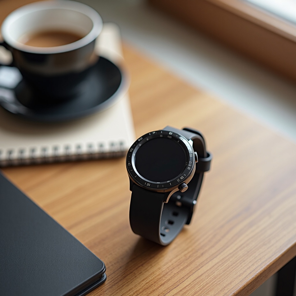 A sleek black smartwatch displayed on a wooden desk next to a cup of coffee and a notepad. The setting is a bright and airy modern office environment. In a photorealistic style with soft natural lighting and high detail on the metal texture of the watch face. The shot is taken from a high angle to showcase the product and its surroundings.