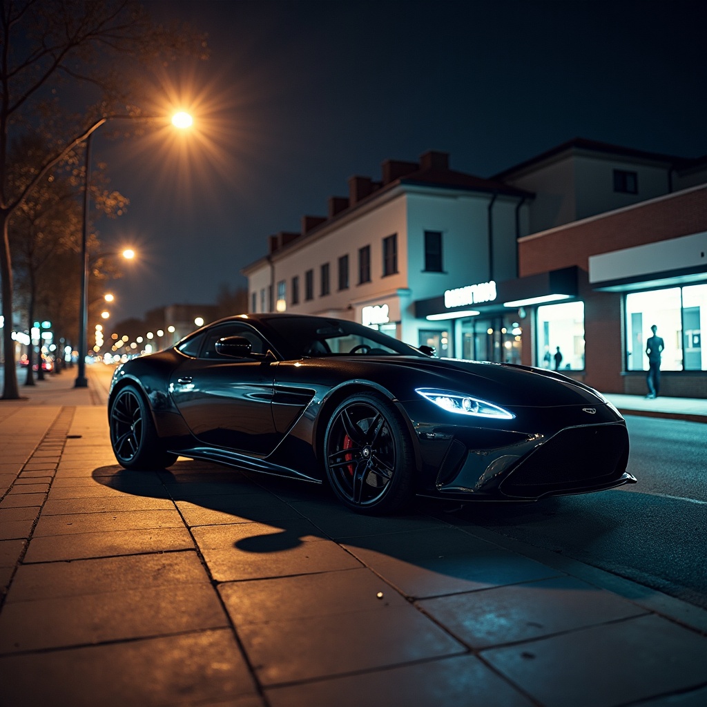 A sleek luxury car parked under a glowing streetlamp in an empty downtown street at night. The car’s glossy black surface reflects the neon lights around it. Cinematic style with dramatic shadows, moody tones, and a low-angle view emphasizing power and design.