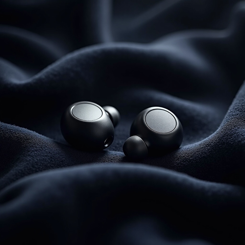 A pair of modern wireless earbuds placed on a dark velvet background with a spotlight highlighting their smooth surface. Product photography with macro focus and deep shadows to bring out the elegance.
