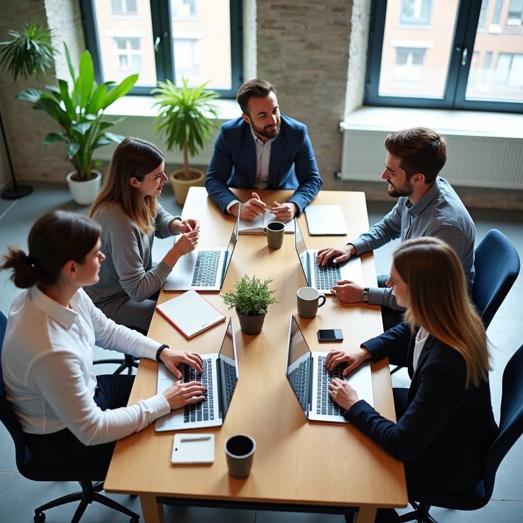 A group of coworkers collaborating at a wooden table covered with laptops and coffee mugs in a modern office with large windows. Corporate photography style with bright natural lighting and a clean, organized environment. The focus is on teamwork with an overhead perspective capturing interaction.