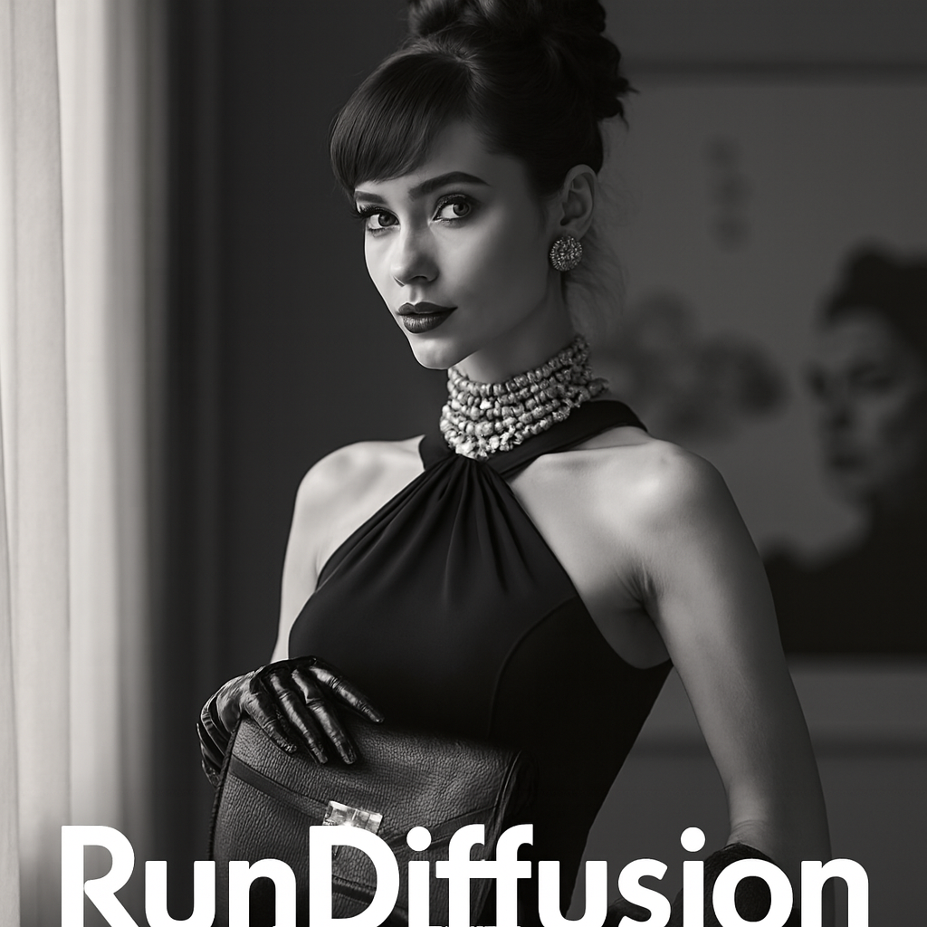 Transform into a luxury fashion editorial: depict the woman holding an elegant clutch purse at waist level, maintain classic black-and-white lighting with soft Rembrandt contrast, and add refined typography reading ‘RunDiffusion’ in clean modern sans-serif text, subtly integrated into the composition for a magazine-quality finish.