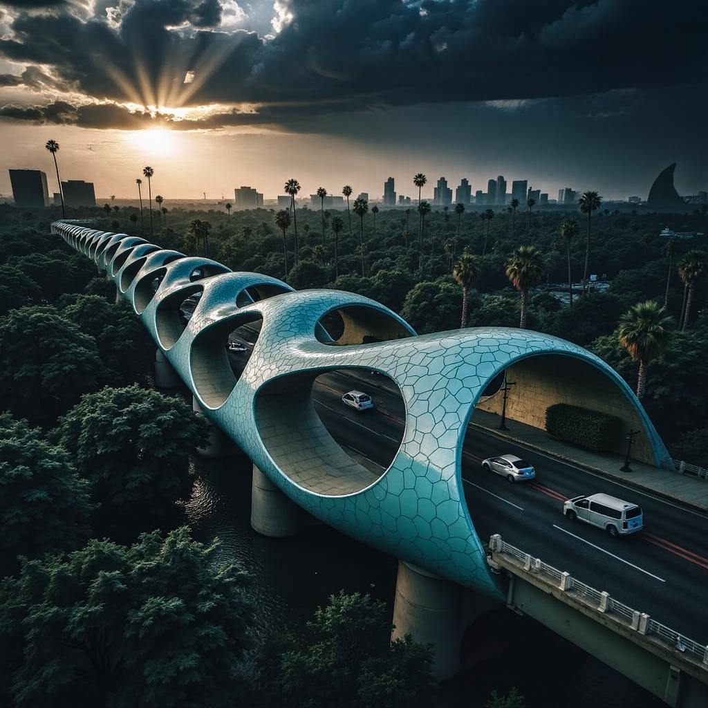 Apply editorial architectural color grading: increase local contrast and clarity on the bridge’s ceramic shell to emphasize geometry and surface pattern, subtly dehaze the background skyline for depth separation, and balance highlights in the sky to retain sun rays without clipping.”