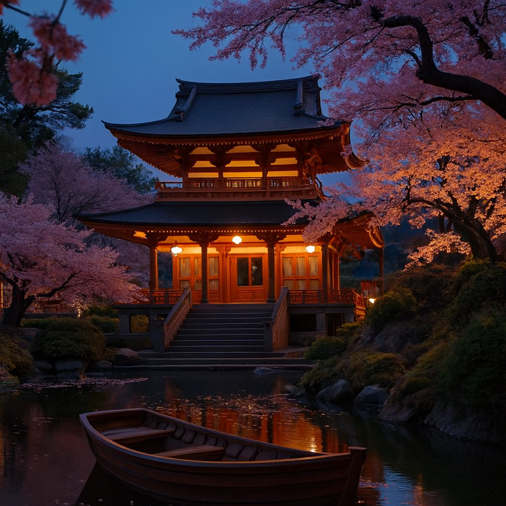 Introduce a traditional Japanese wooden boat gently floating on the pond in the foreground, with subtle water ripples and soft reflections; match dusk lighting, color temperature, and scale to harmonize with the temple and cherry blossoms for a serene, cinematic landscape composition.