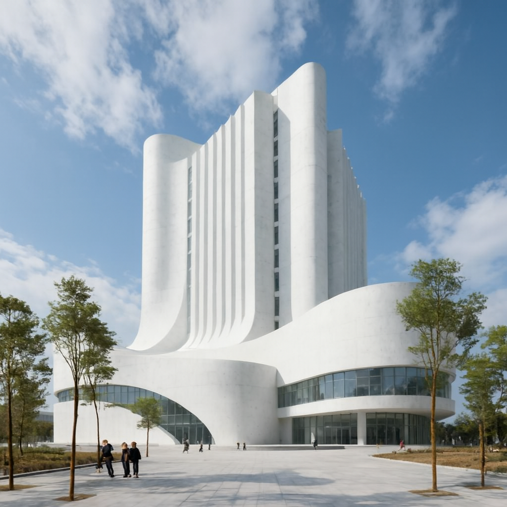 Enhance the architectural rendering by adding evenly spaced modern trees along the plaza and introduce small groups of people walking and standing near the entrance for scale; maintain realistic daylight shadows and neutral color balance to preserve a clean, contemporary architectural visualization.